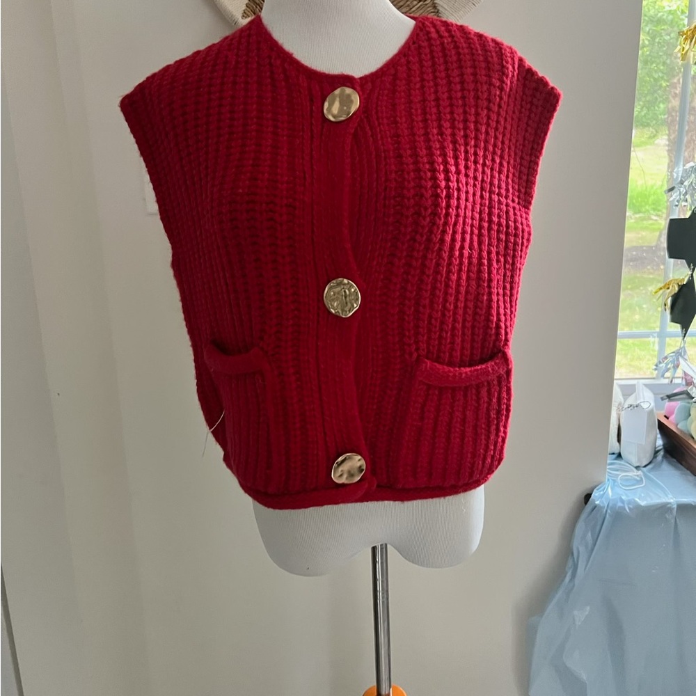 Red Cardigan with Ribbed Knit and Crew Neckline